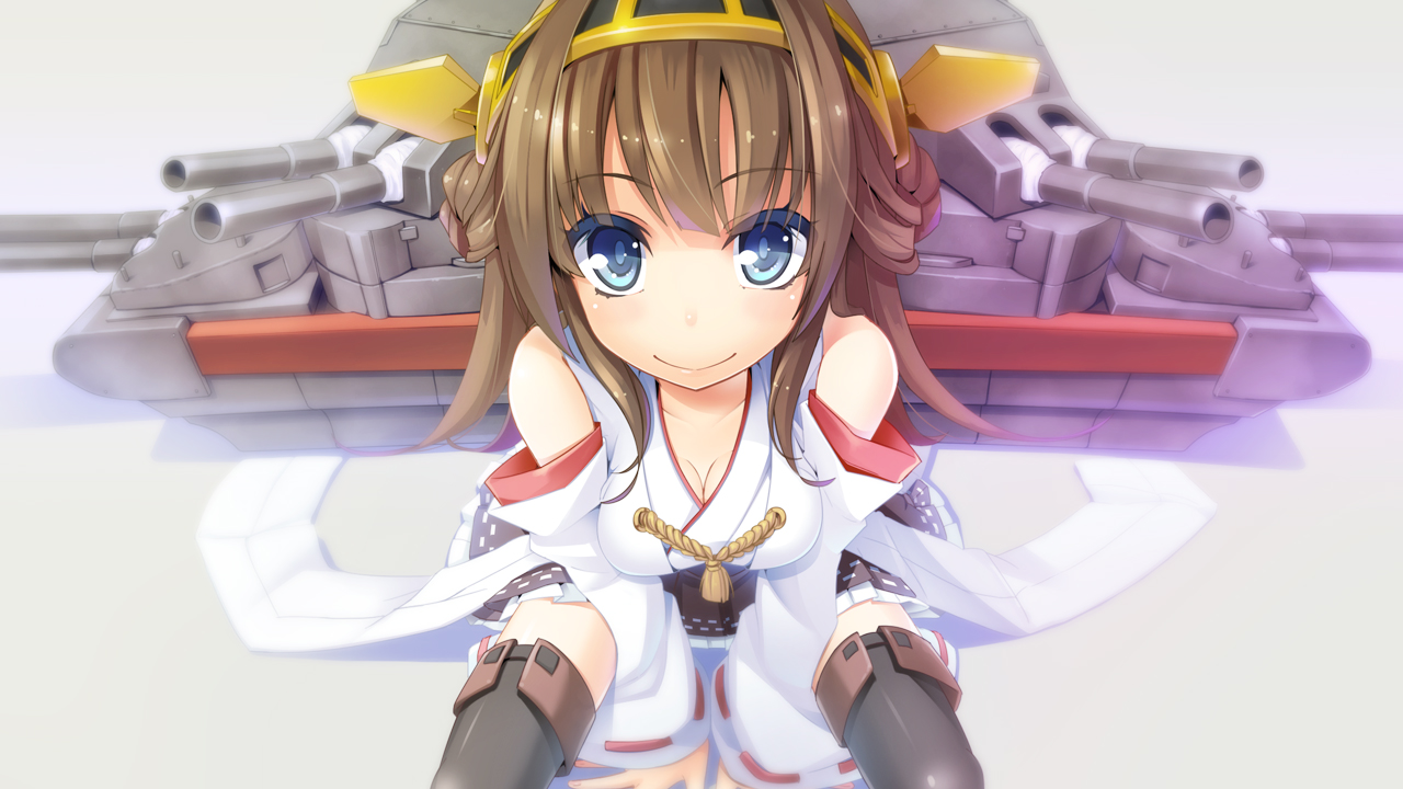 anthropomorphism, blue_eyes, breasts, brown_hair, cleavage, headband, japanese_clothes, kantai_collection, kongou_(kancolle), long_hair, miko, skirt, thighhighs, wapokichi