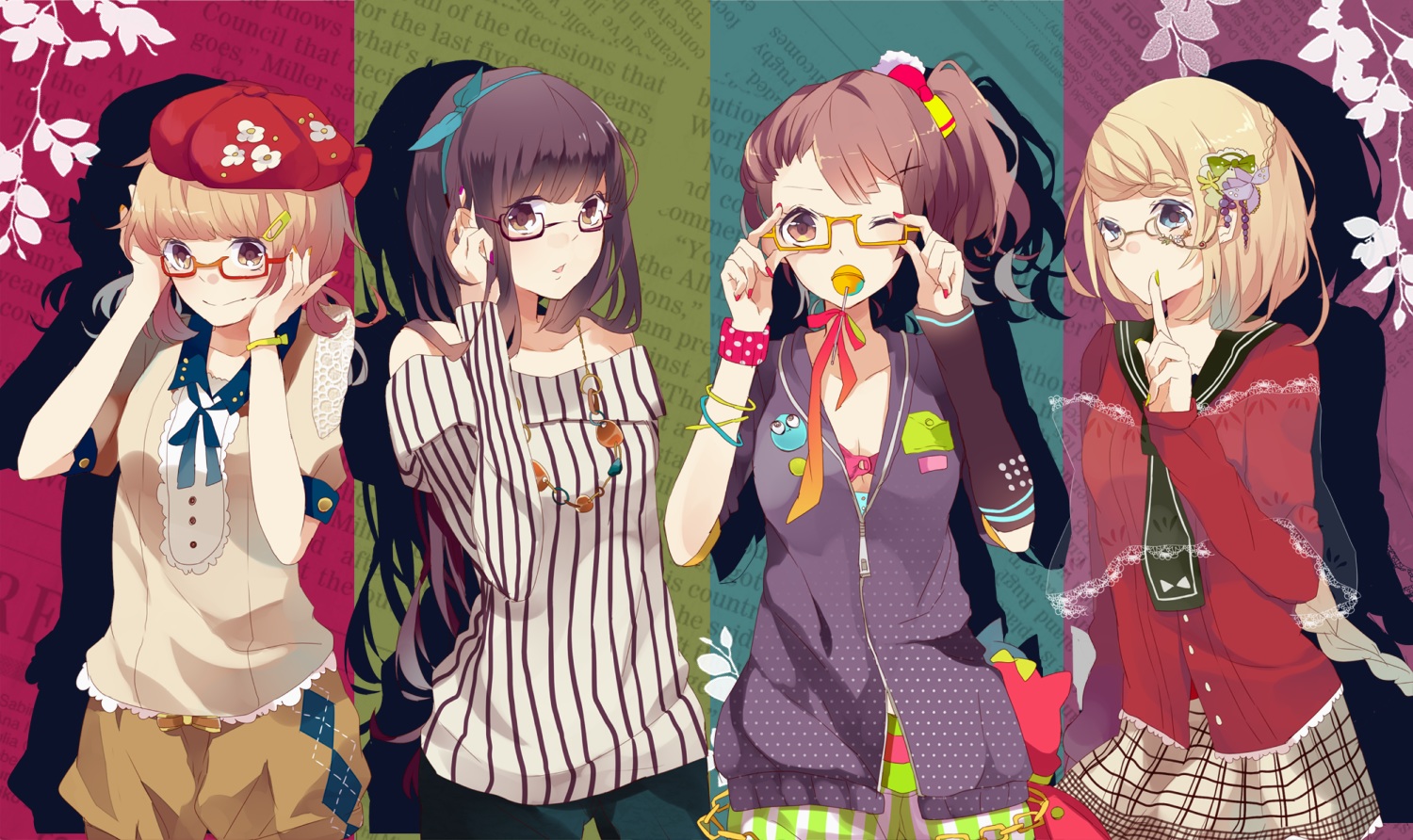 blonde_hair, blue_eyes, brown_eyes, brown_hair, glasses, hat, makoji_(yomogi), necklace, original, ponytail, short_hair, wink