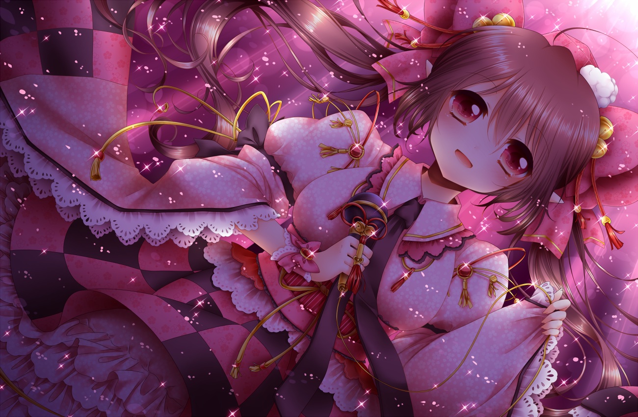 bell, brown_hair, dress, himekaidou_hatate, long_hair, microphone, pink_eyes, sanotsuki, tie, touhou, twintails