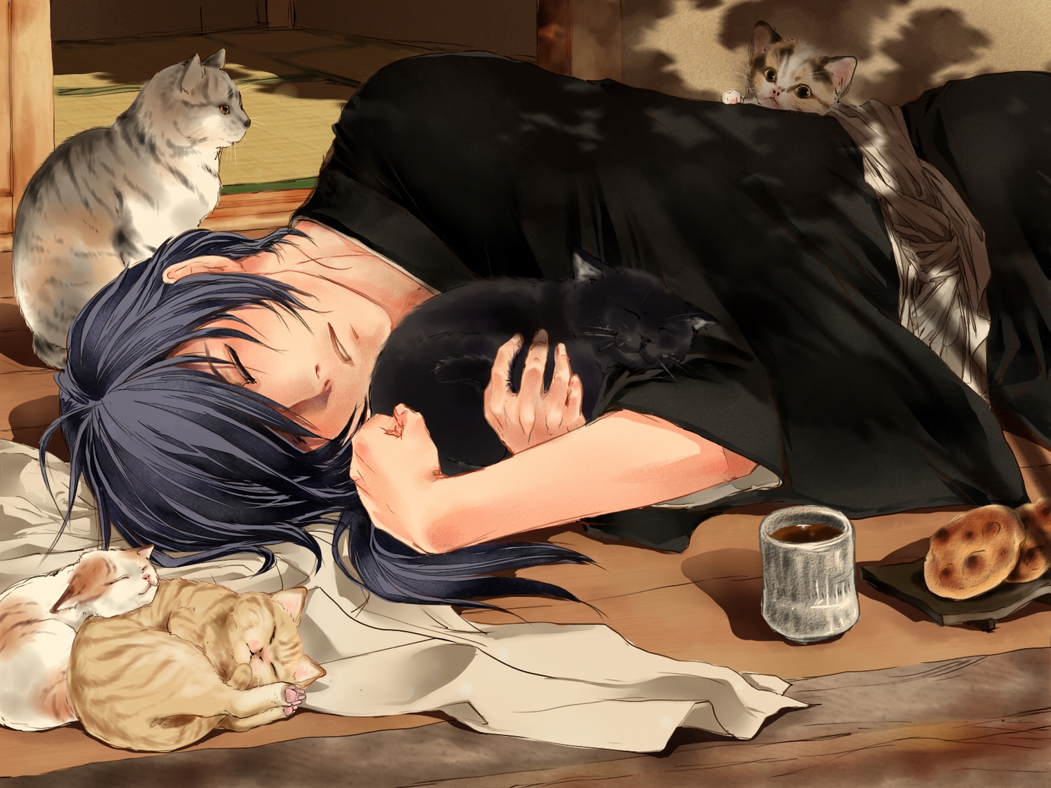 all_male, animal, black_hair, cat, drink, hakuouki_shinsengumi_kitan, hug, long_hair, male, ponytail, robinson, saitou_hajime, shade, sleeping