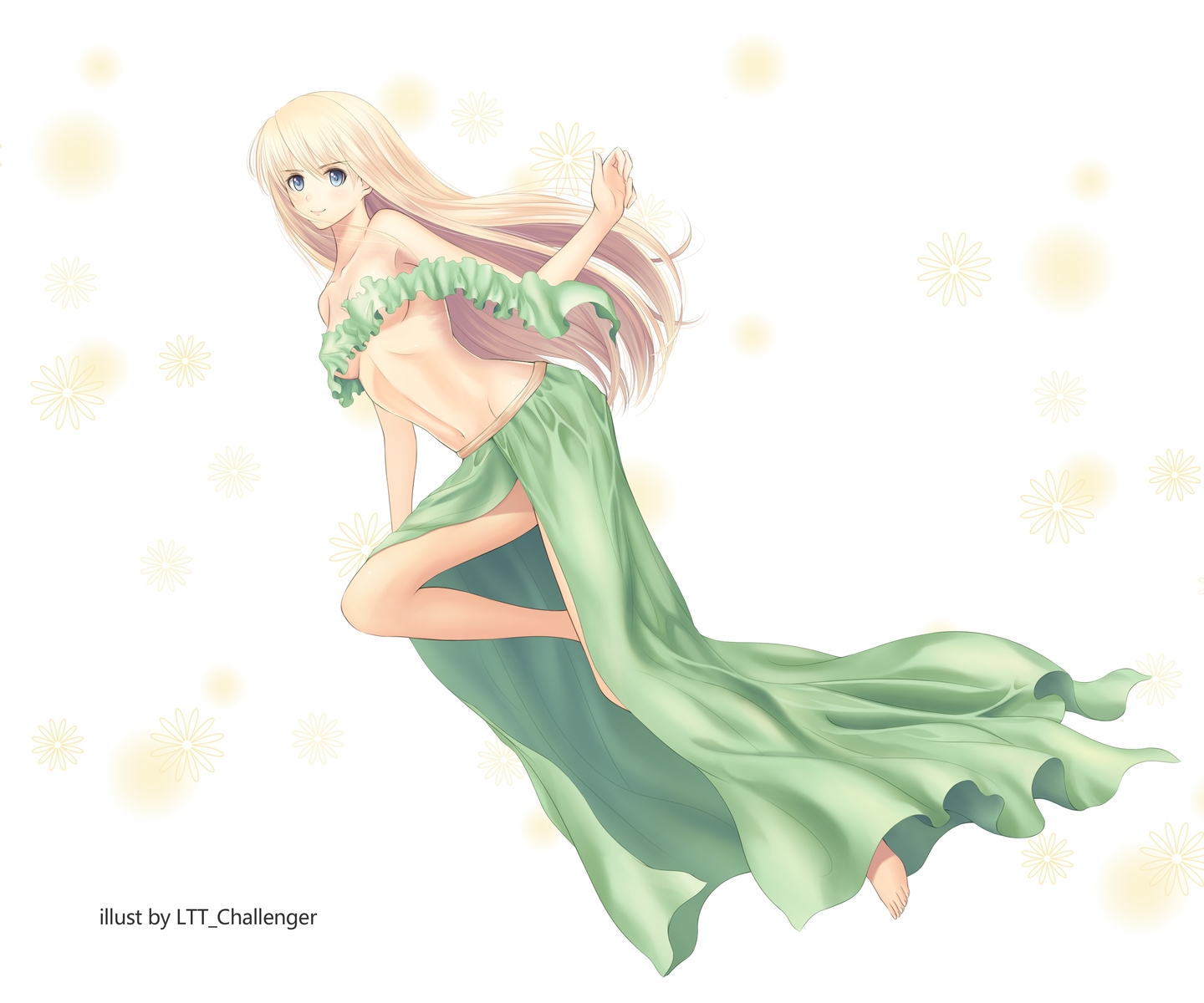 barefoot, blonde_hair, blue_eyes, breasts, cleavage, long_hair, ltt_challenger, navel