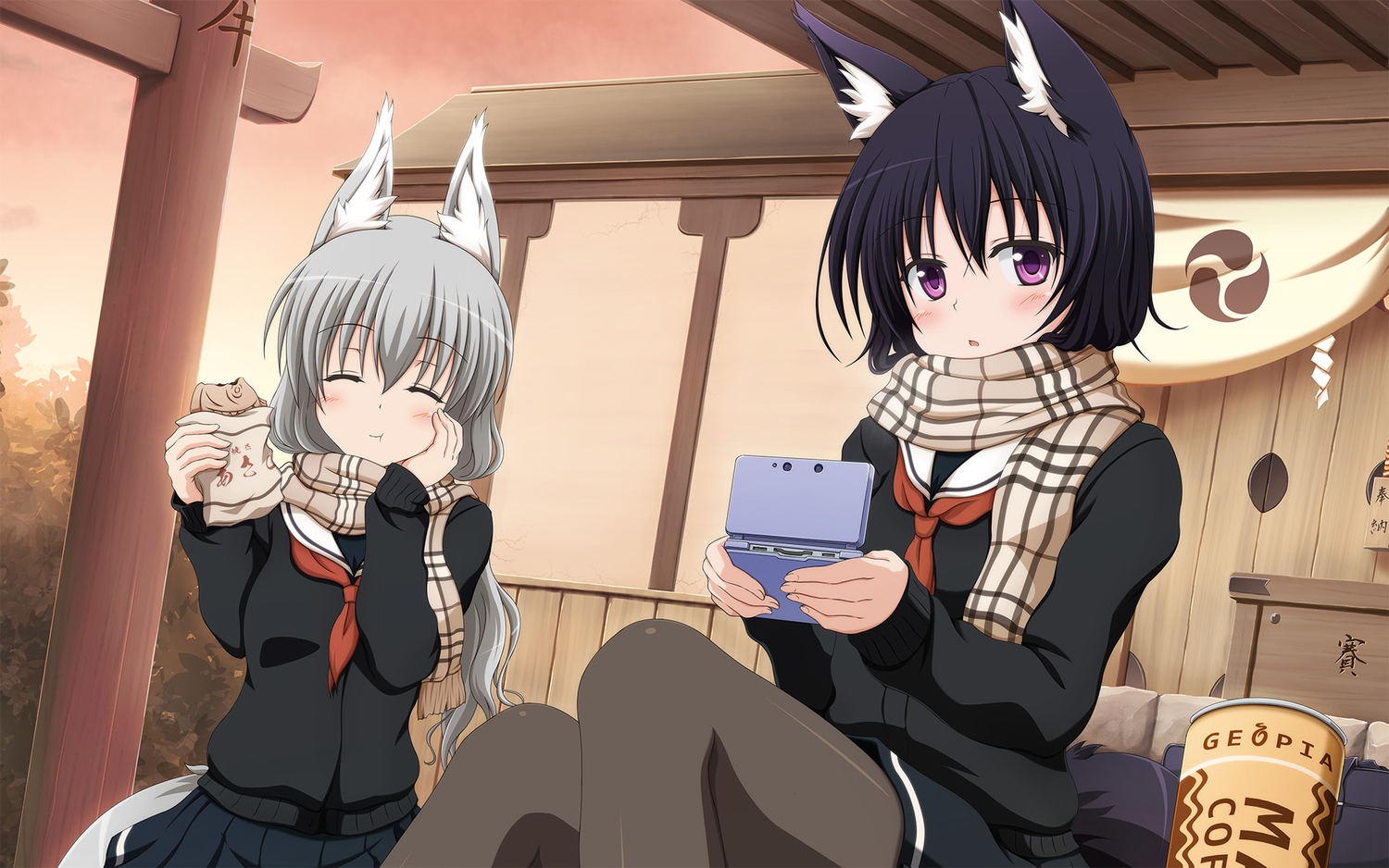 2girls, animal_ears, black_hair, food, foxgirl, gray_hair, long_hair, original