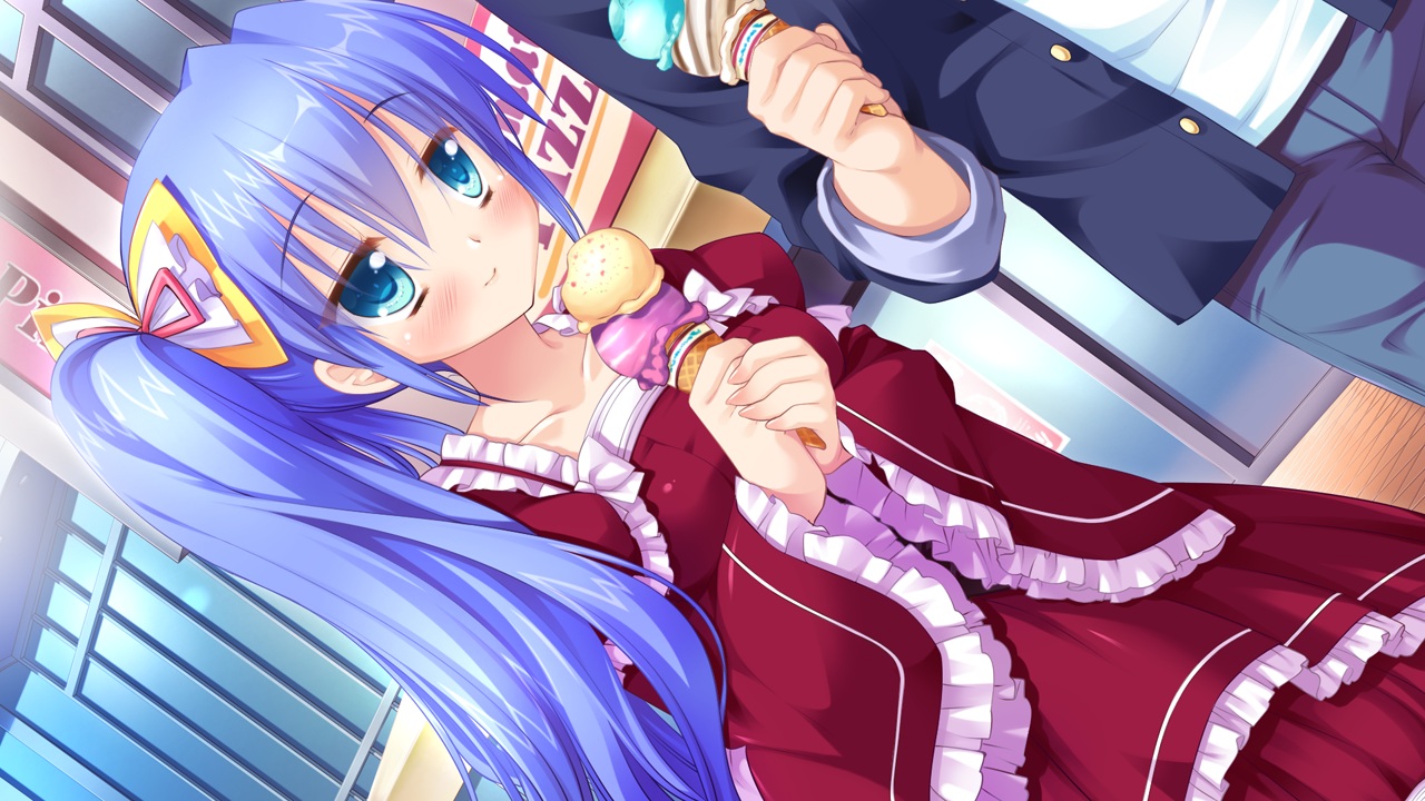 blue_eyes, blue_hair, dress, food, game_cg, hhg_megami_no_shuuen, ice_cream, miyasu_risa
