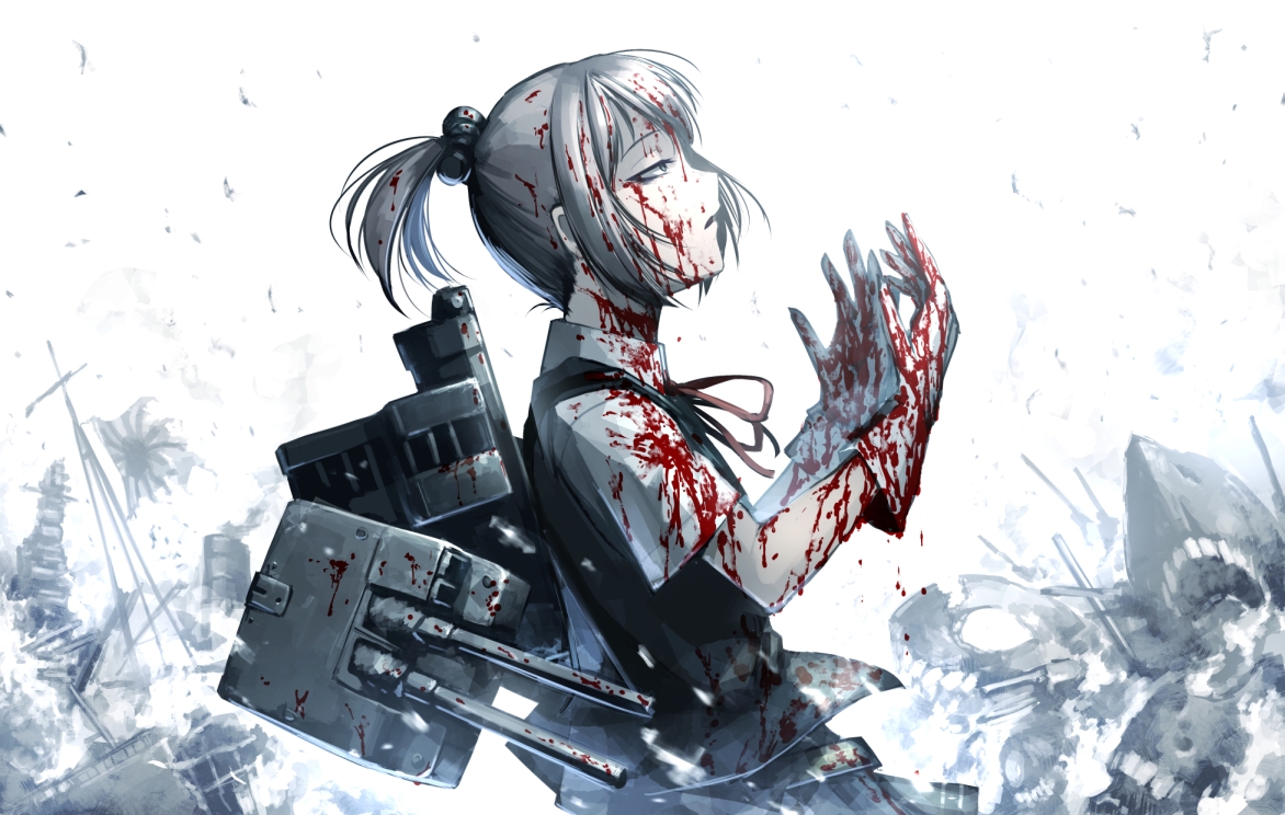 anthropomorphism, blood, boat, bow, gloves, gray_eyes, gray_hair, hellshock