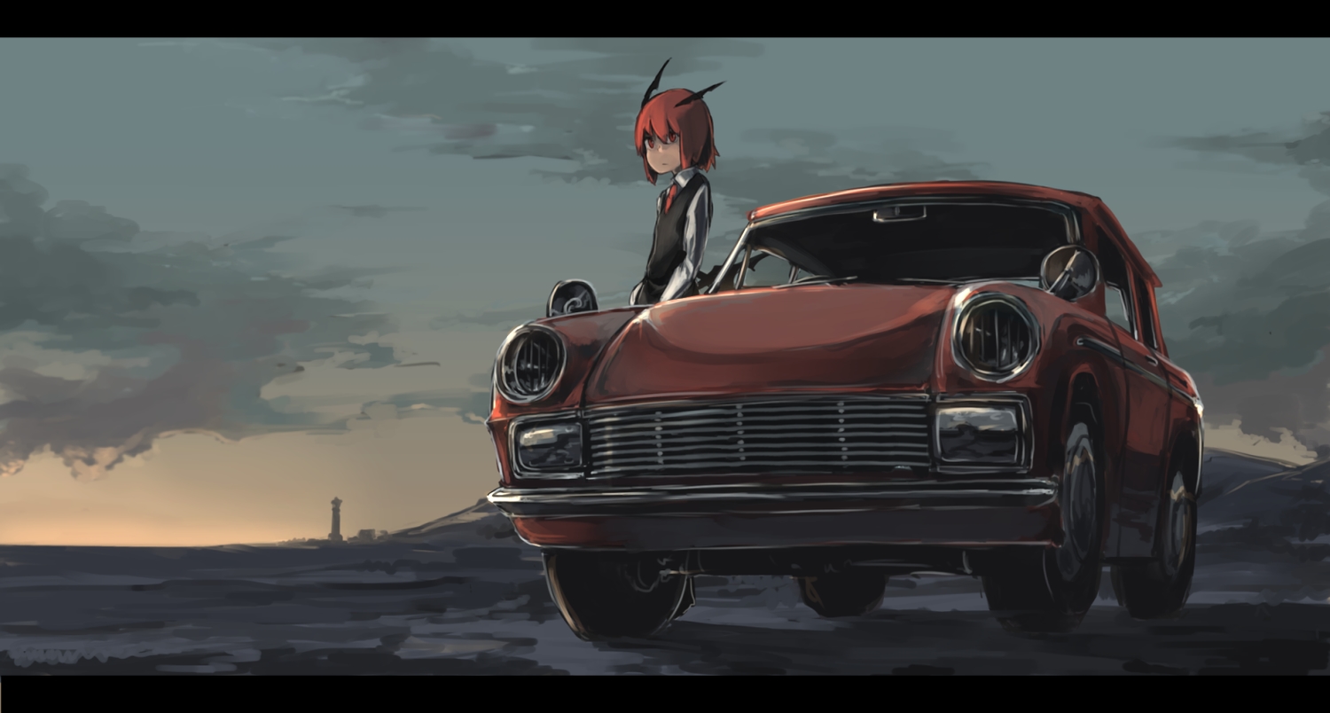 cacao_choco_mame, car, demon, horns, koakuma, red_eyes, red_hair, short_hair