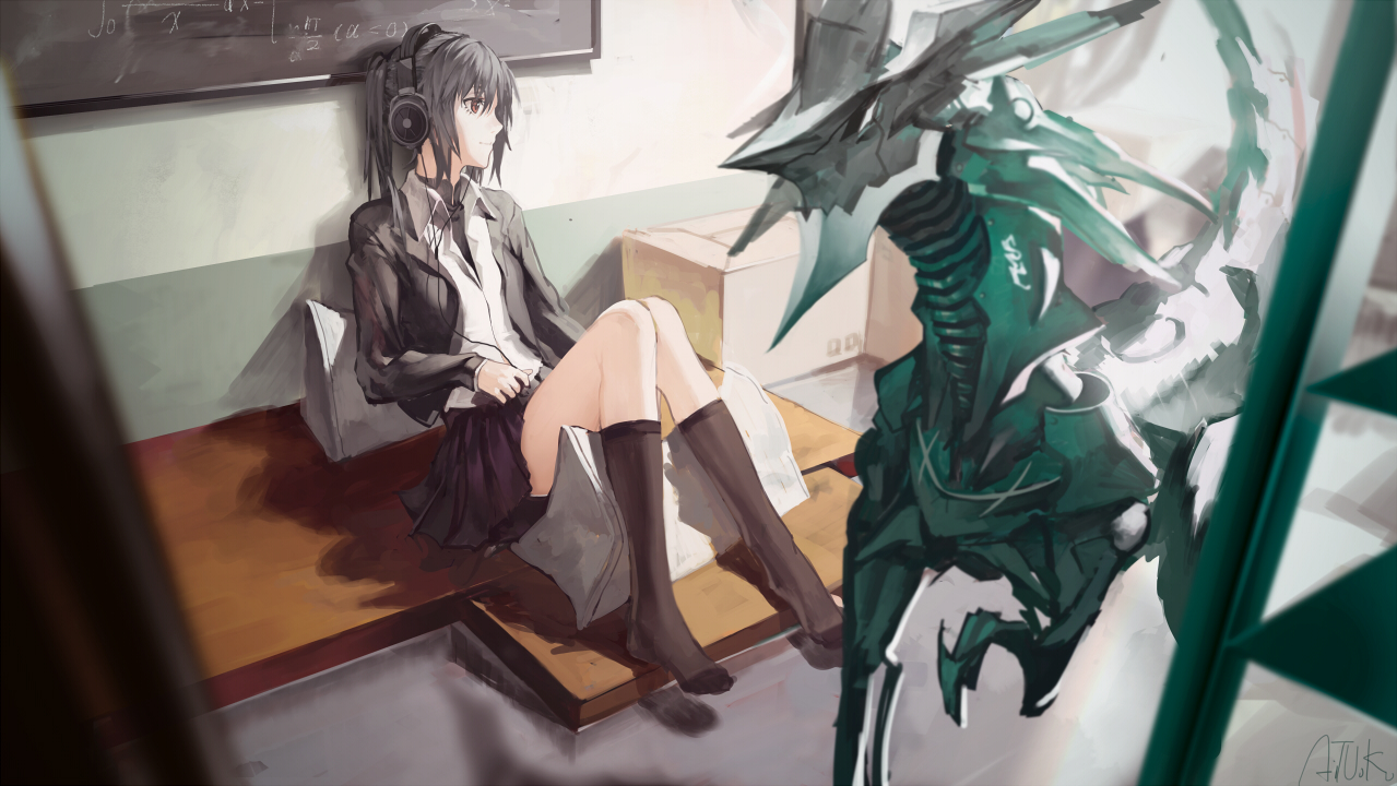 aituoku_(twh), black_hair, headphones, kneehighs, original, ponytail, red_eyes, short_hair, signed, skirt