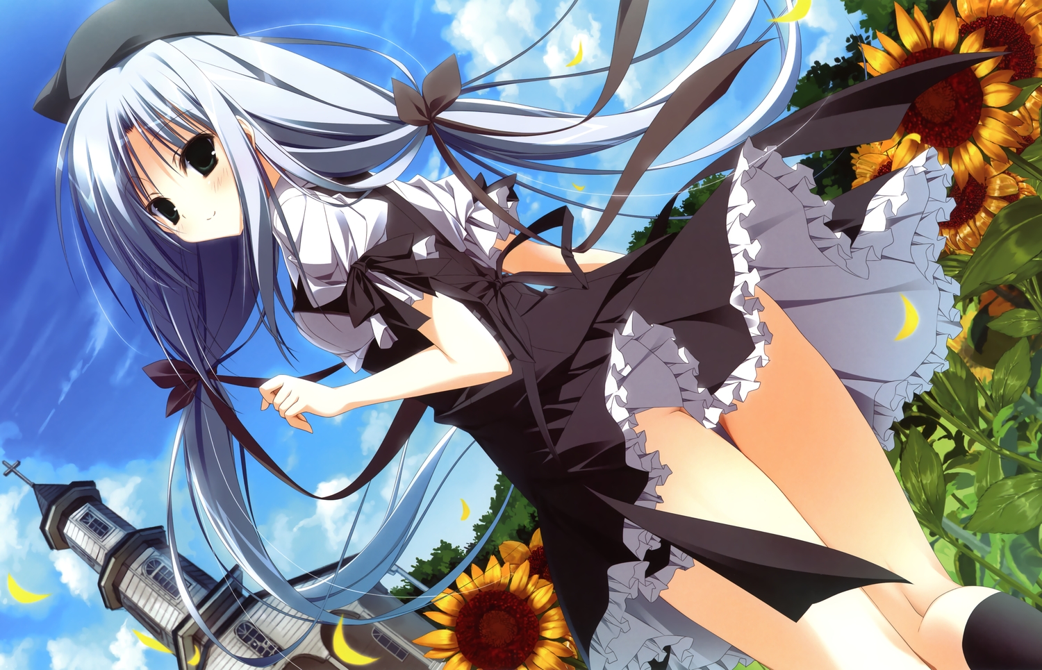 blush, flowers, gray_hair, himawari_no_kyoukai_to_nagai_natsuyasumi, inugami_kira, long_hair, nonohara_hinazakura, petals, school_uniform, sky, sunflower
