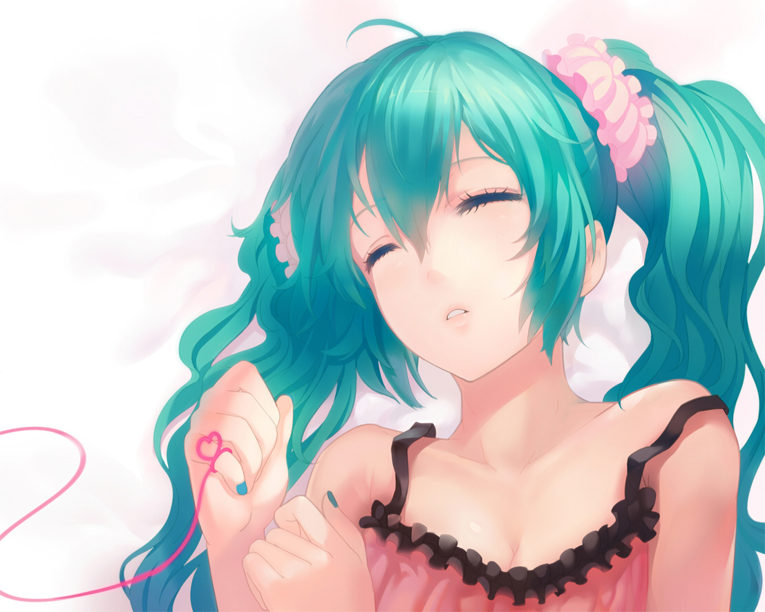 aqua_hair, breasts, cleavage, hatsune_miku, heart, long_hair, sleeping, twintails, vocaloid, yunohara_konomi