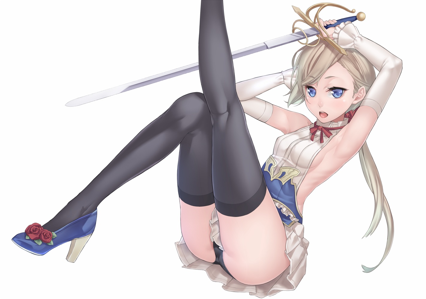 blonde_hair, blue_eyes, original, panties, ponytail, ray-akila, skirt, sword, thighhighs, underwear, weapon