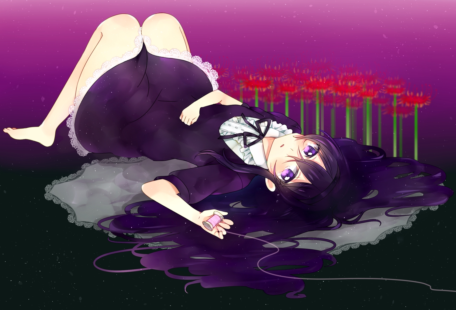 akemi_homura, barefoot, dress, flowers, headband, homulilly, kakizato, long_hair, mahou_shoujo_madoka_magica, purple_eyes, purple_hair, tears