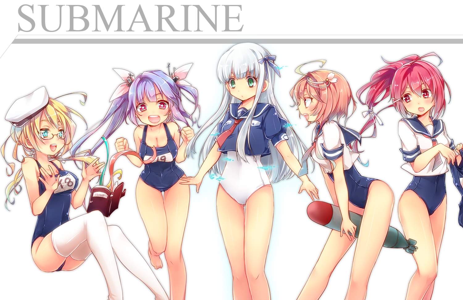 anthropomorphism, aoki_hagane_no_arpeggio, blonde_hair, blue_eyes, blue_hair, book, breasts, cleavage, crossover, glasses, green_eyes, group, hat, i-168_(kancolle), i-19_(kancolle), i-58_(kancolle), i-8_(kancolle), iona_(arpeggio), kantai_collection, long_hair, orange_hair, ponytail, red_eyes, red_hair, school_swimsuit, short_hair, swimsuit, thighhighs, tie, tobi_(one), white_hair