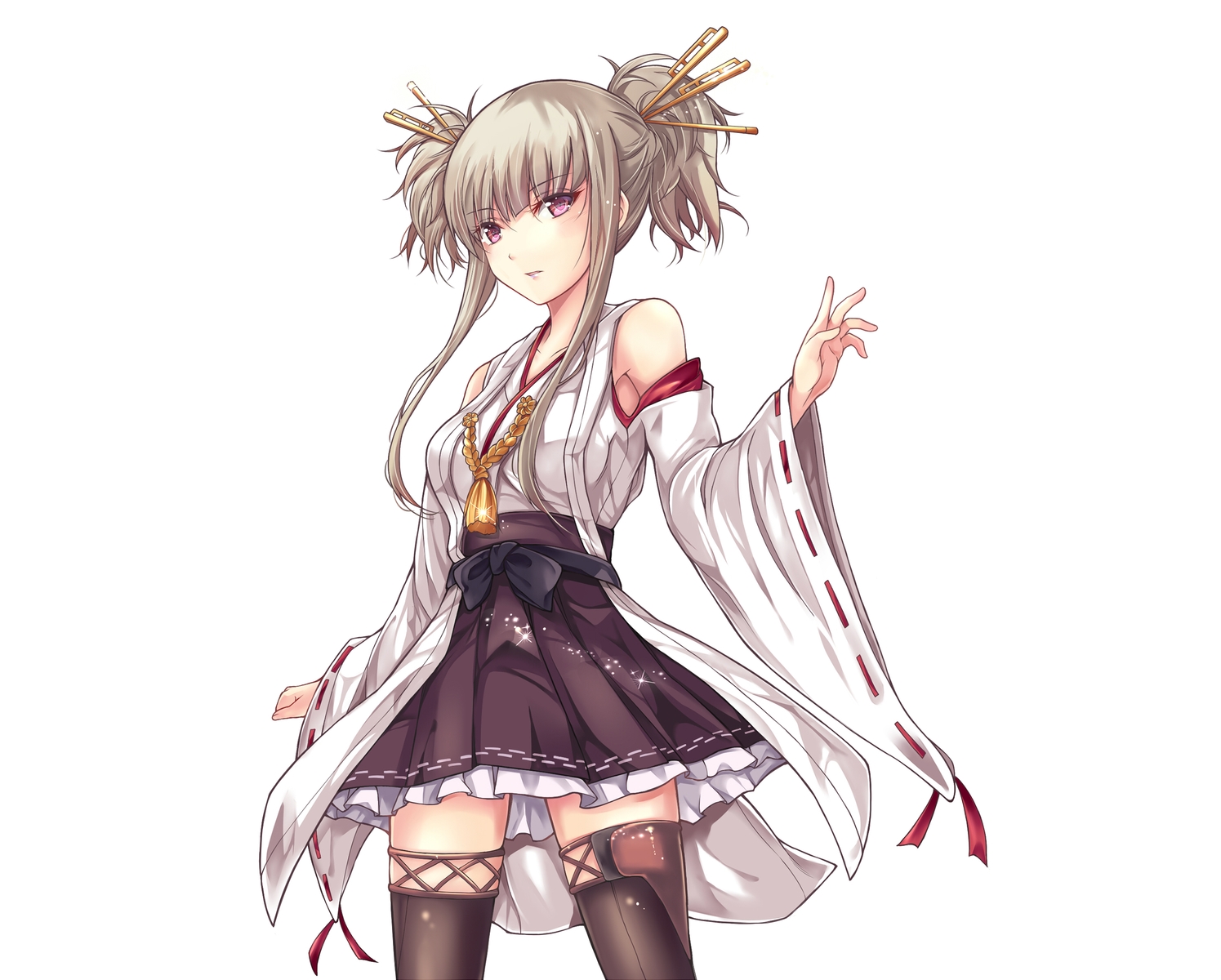 anthropomorphism, aoki_hagane_no_arpeggio, blonde_hair, bow, cosplay, headband, japanese_clothes, kantai_collection, kongou_(arpeggio), long_hair, miko, pink_eyes, skirt, taka-kun, thighhighs, white, zettai_ryouiki