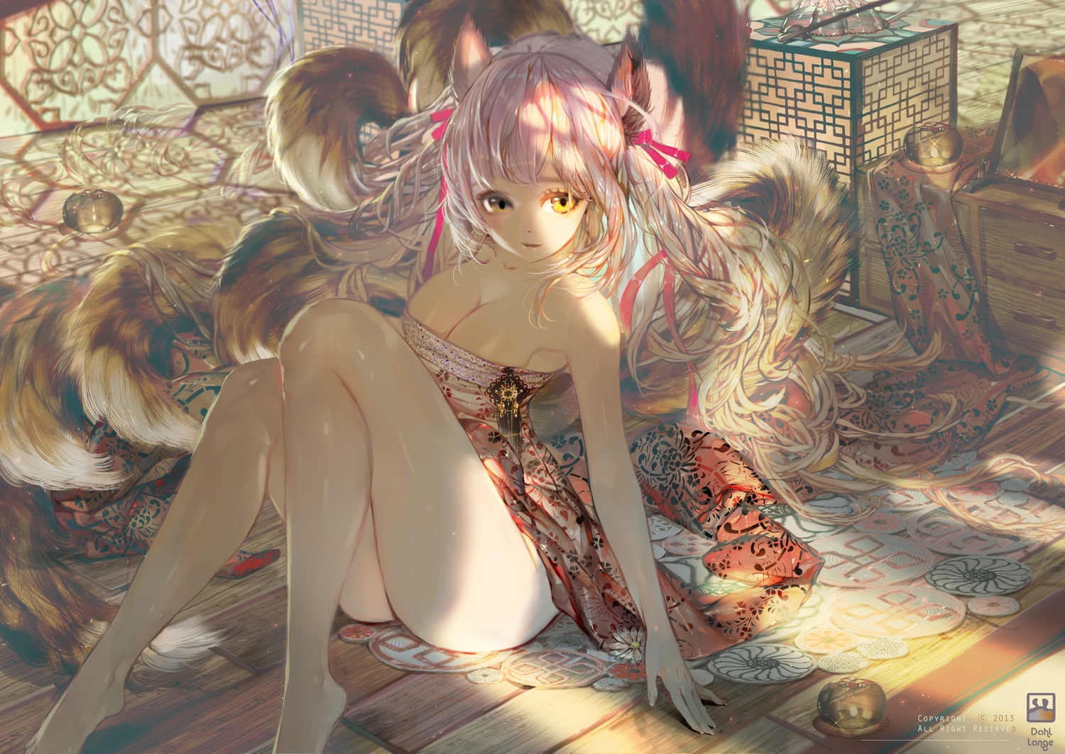 ahri_(league_of_legends), animal_ears, barefoot, breasts, cleavage, dahl_lange, league_of_legends, long_hair, multiple_tails, pink_hair, tail, watermark, yellow_eyes