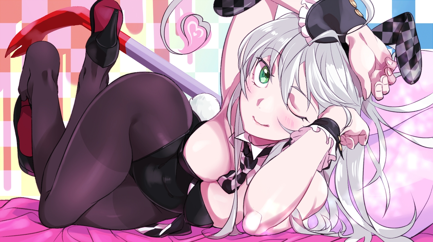 animal_ears, blush, breasts, bunny_ears, bunnygirl, cleavage, gray_hair, green_eyes, haiyore!_nyaruko-san, long_hair, nana_g, nyaruko, pantyhose, tie, wink