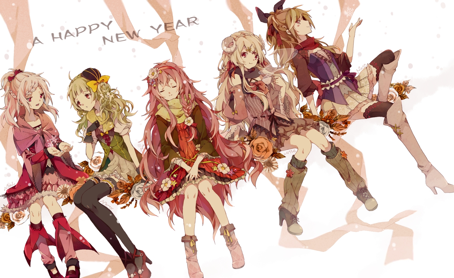 boots, bow, braids, dress, flowers, garter, horns, long_hair, nobuyo_ninomiya, original, thighhighs