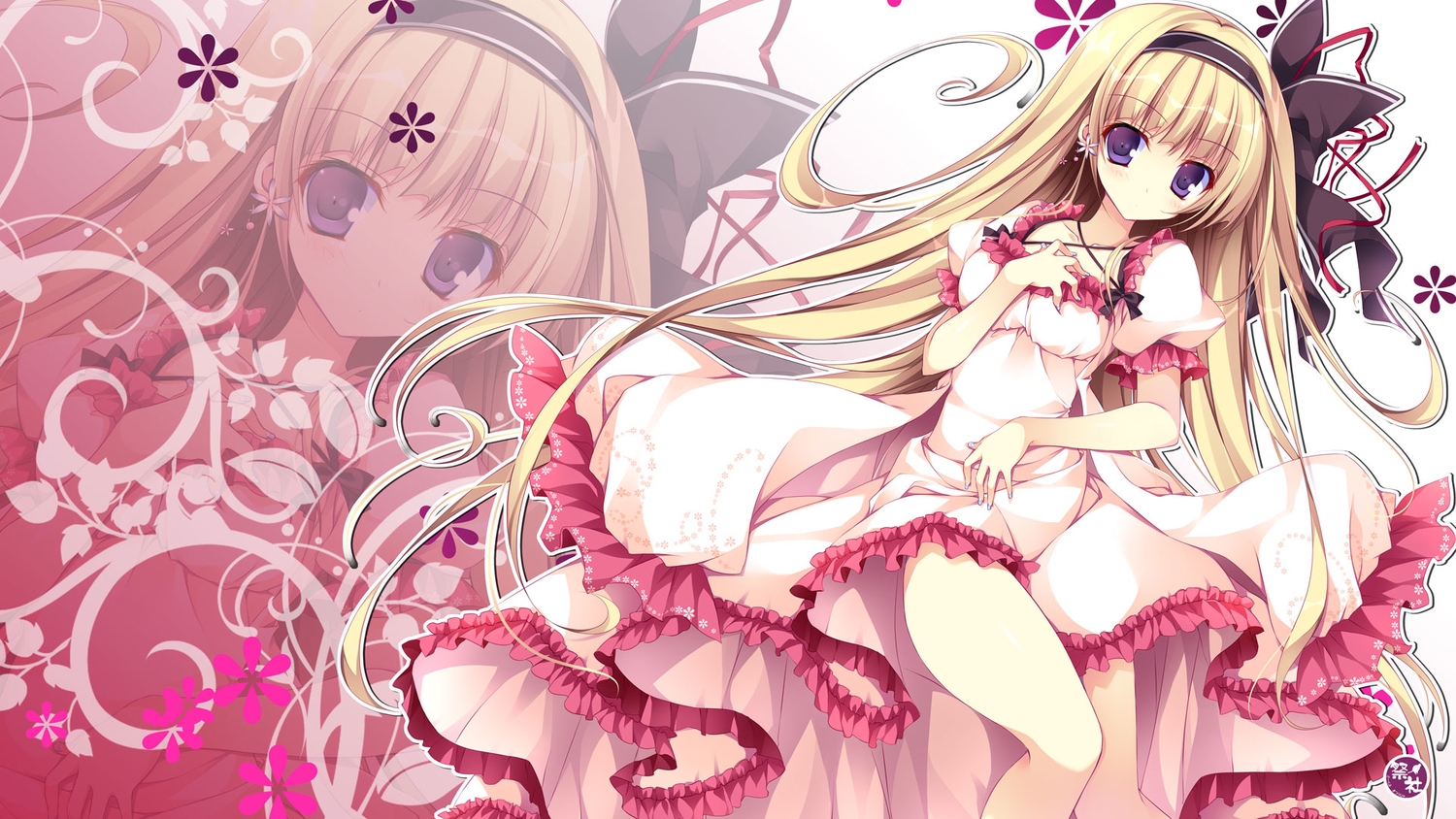 blonde_hair, dress, headband, jpeg_artifacts, long_hair, nanaroba_hana, original, purple_eyes