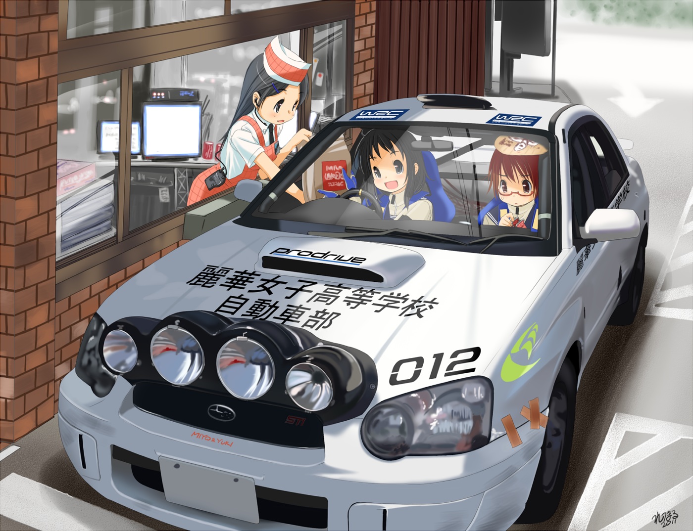 apron, black_eyes, black_hair, brown_eyes, brown_hair, car, computer, glasses, hat, long_hair, original, retsu_maru, school_uniform, short_hair, signed, tie, translation_request