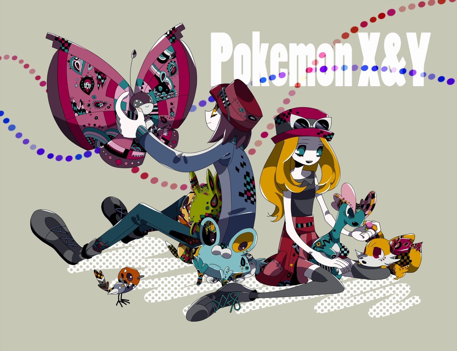 blonde_hair, blue_eyes, brown_hair, calme_(pokemon), chespin, doronoki, fennekin, fletchling, froakie, hat, long_hair, male, pokemon, serena_(pokemon), short_hair, skirt, sunglasses, thighhighs, yellow_eyes