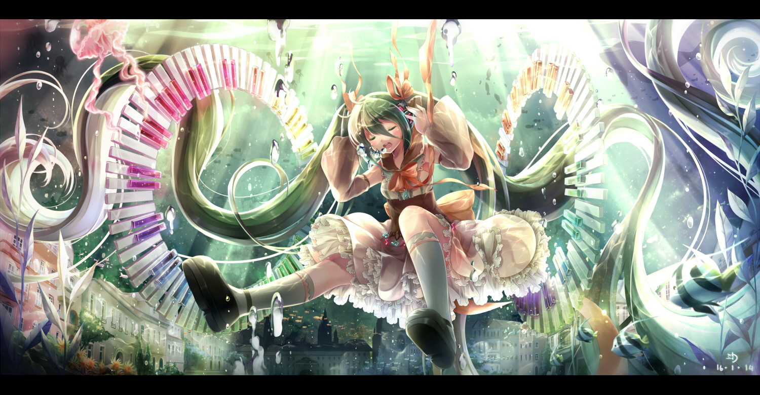 bubbles, dress, green_hair, hatsune_miku, kneehighs, long_hair, ninjinshiru, twintails, underwater, vocaloid, water