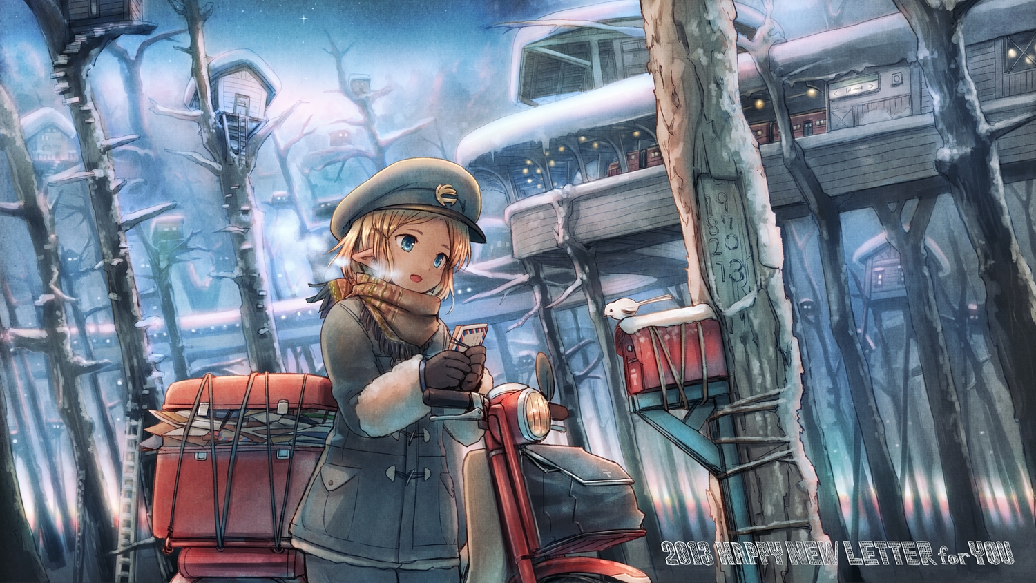 animal, bird, blonde_hair, blue_eyes, forest, hat, kurobuta_gekkan, motorcycle