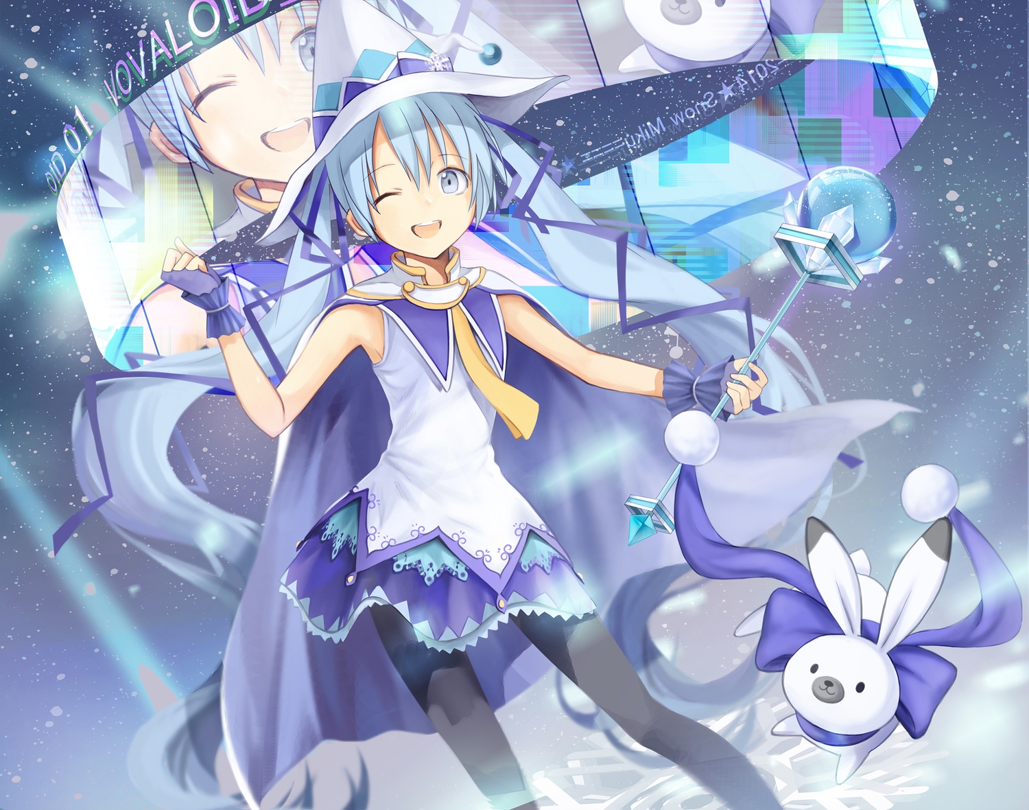 blue_eyes, blue_hair, bunny, cape, gloves, hatsune_miku, kari_kenji, long_hair