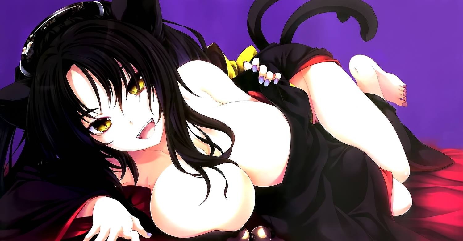 animal_ears, black_hair, breasts, highschool_dxd, kuroka, miyama-zero, scan, yellow_eyes