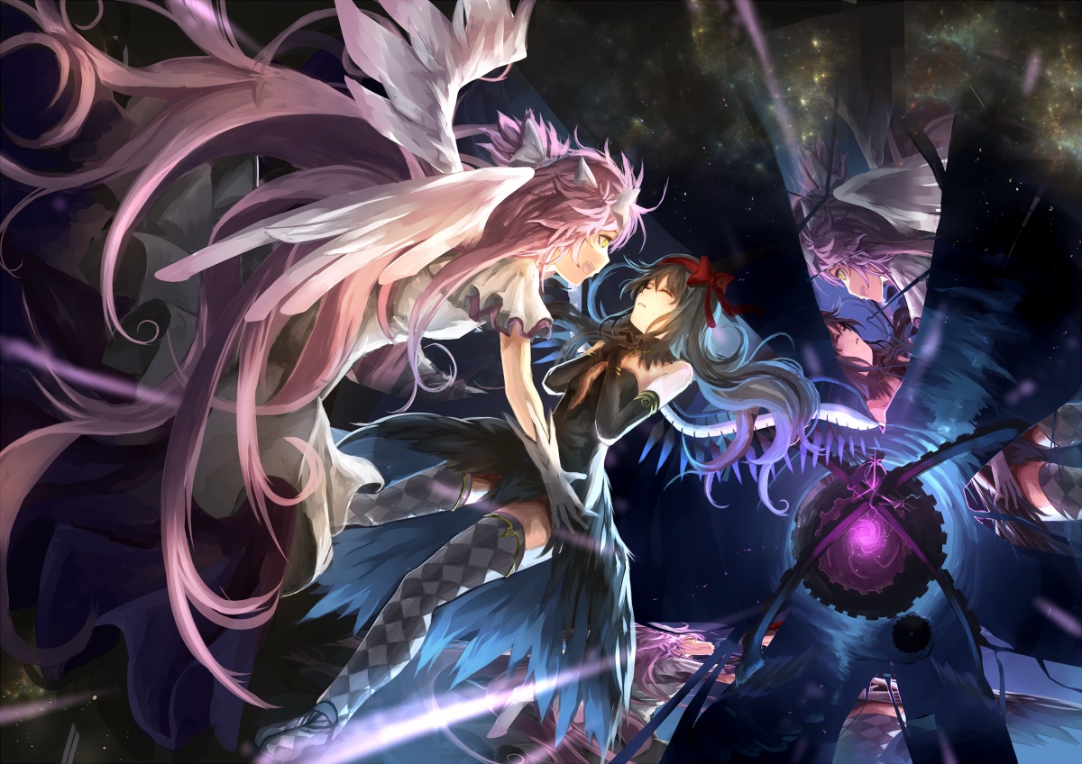 akemi_homura, akuma_homura, dress, kaname_madoka, long_hair, mahou_shoujo_madoka_magica, rikkido, thighhighs, ultimate_madoka, wings