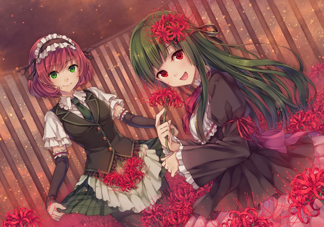 2girls, apron, flowers, green_eyes, green_hair, headdress, long_hair, maid