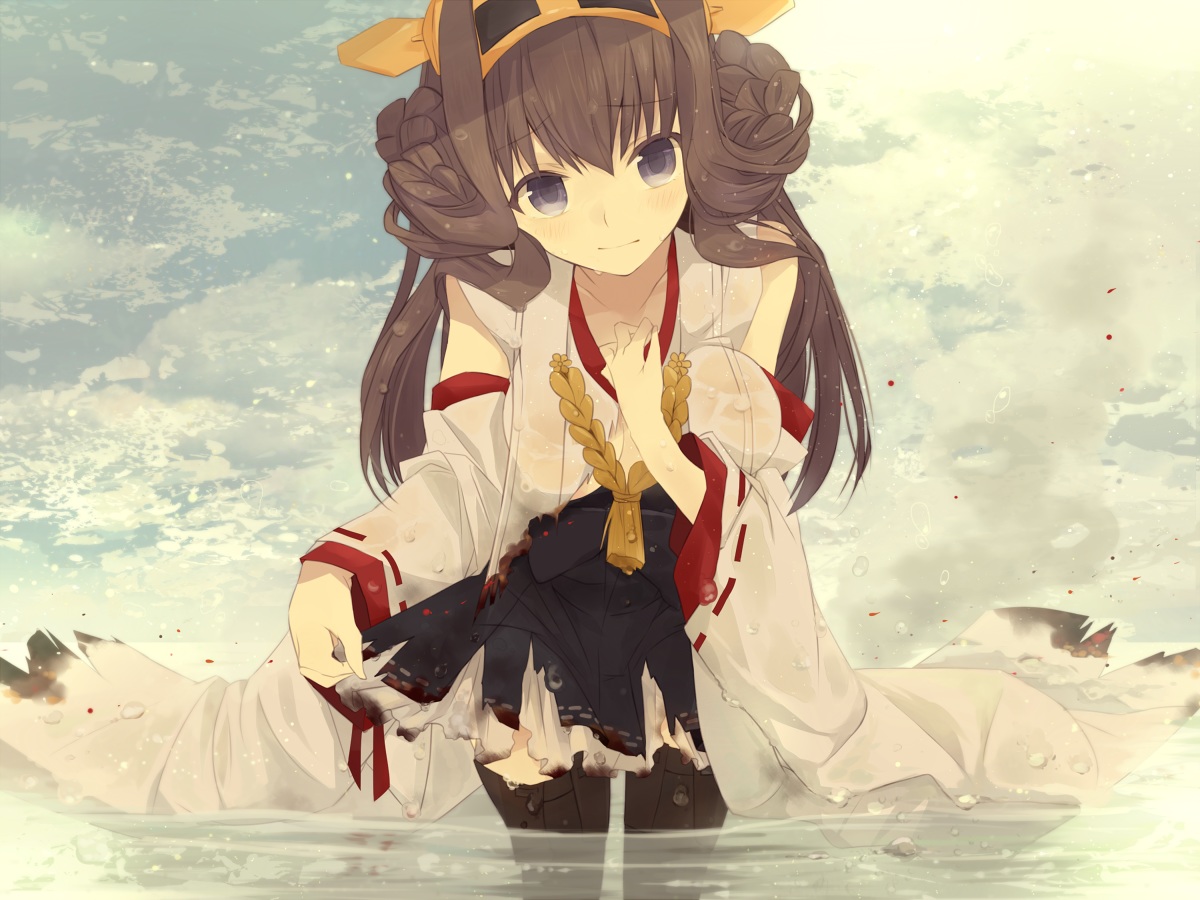 anthropomorphism, blue_eyes, blush, braids, brown_hair, clouds, headband, japanese_clothes, kantai_collection, kongou_(kancolle), long_hair, miko, oluha, skirt, thighhighs, torn_clothes, water, wet