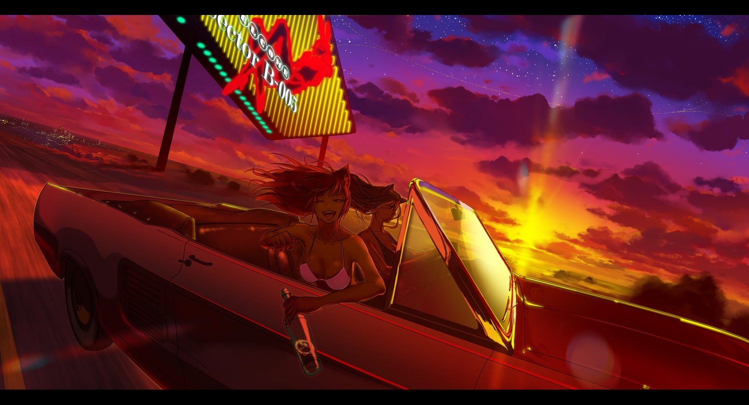 2girls, animal_ears, apapico, bikini_top, car, clouds, original, sky