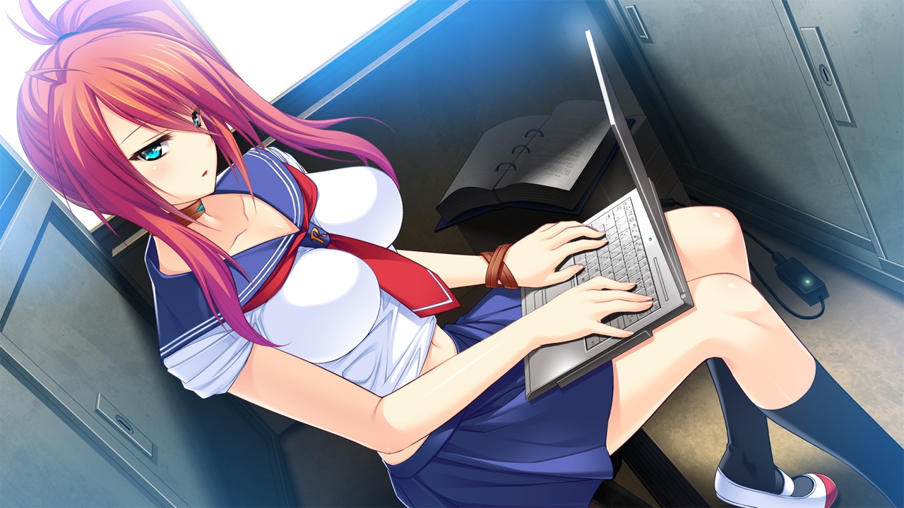 amagai_yukino, aqua_eyes, book, candysoft, computer, game_cg, inase_kohane, kneehighs, long_hair, navel, red_hair, school_uniform, tie, tsuyokiss_next