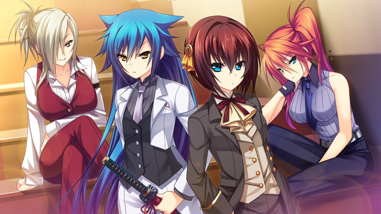amagai_yukino, blue_eyes, blue_hair, brown_hair, candysoft, game_cg, gloves, group, haga_neko, inase_kohane, katana, long_hair, ponytail, red_hair, sword, tie, tsukugami_kitsune, tsushima_hakari, tsuyokiss_next, weapon, yellow_eyes