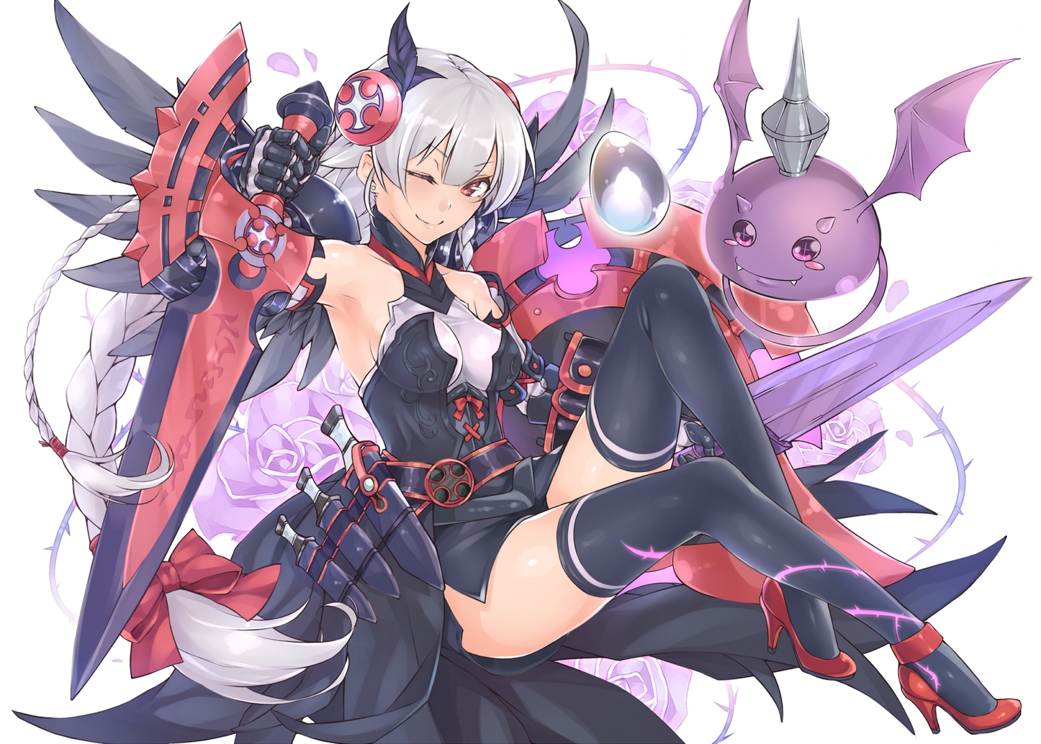 gray_hair, makita_(twosidegekilove), puzzle_&_dragons, sword, tagme, thighhighs, valkyrie_(p&d), weapon, wink