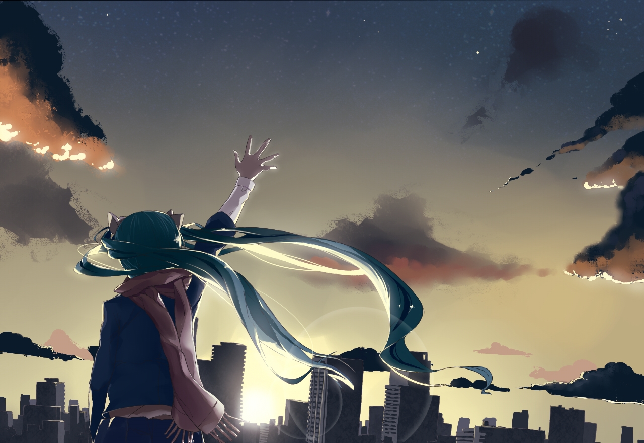 fuyugasumi, hatsune_miku, long_hair, scarf, scenic, sunset, twintails, vocaloid