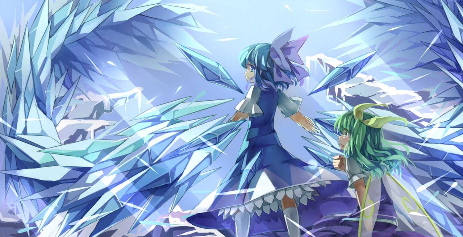 2girls, blue_eyes, blue_hair, bow, cirno, crying, daiyousei, fairy
