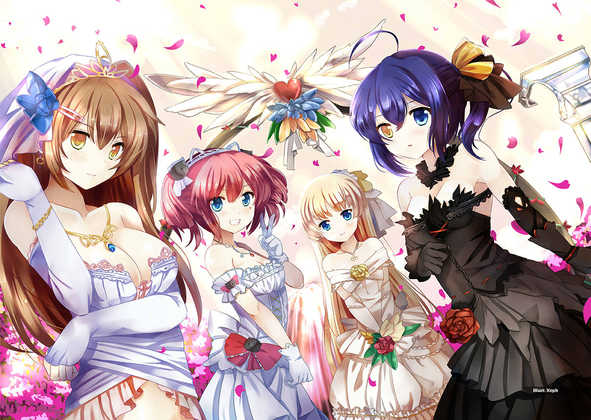 aqua_eyes, bicolored_eyes, blonde_hair, blue_hair, blush, breasts, brown_hair, chuunibyou_demo_koi_ga_shitai!, cleavage, dekomori_sanae, elbow_gloves, flowers, gloves, headdress, long_hair, nibutani_shinka, petals, pink_hair, shichimiya_satone, short_hair, takanashi_rikka, tiara, twintails, wedding_attire, xephonia, yellow_eyes