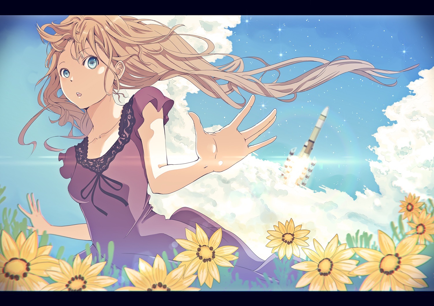 aircraft, blue_eyes, brown_hair, clouds, dress, flowers, long_hair, original