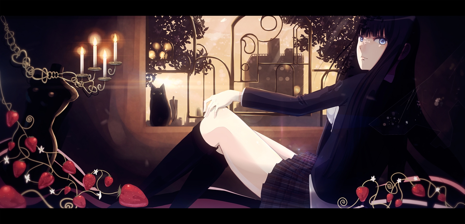 black_hair, blue_eyes, food, fruit, kneehighs, long_hair, shimashima, skirt, strawberry