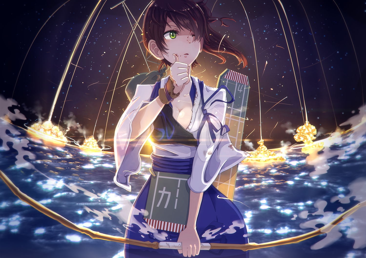anthropomorphism, blood, bow_(weapon), breasts, brown_hair, cleavage, green_eyes, kaga_(kancolle), kantai_collection, ponytail, shimashima, short_hair, water, weapon, wink