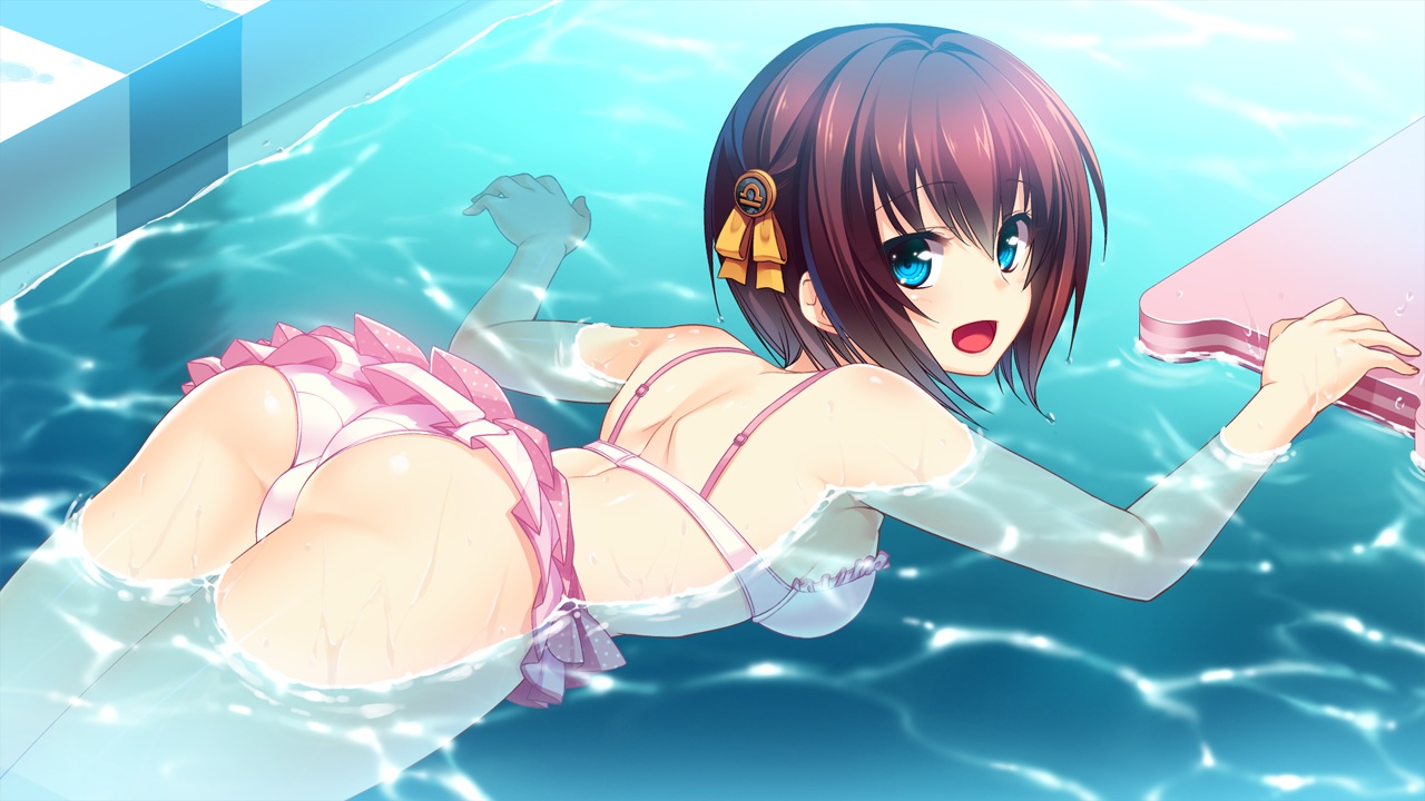 amagai_yukino, aqua_eyes, ass, brown_hair, game_cg, pool, short_hair, swimsuit, tsushima_hakari, tsuyokiss_next, water