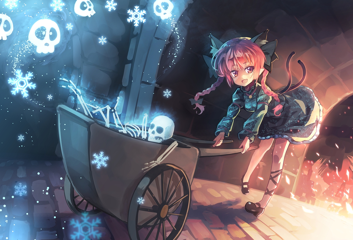 animal_ears, braids, catgirl, fang, kaenbyou_rin, orita_enpitsu, red_eyes, red_hair