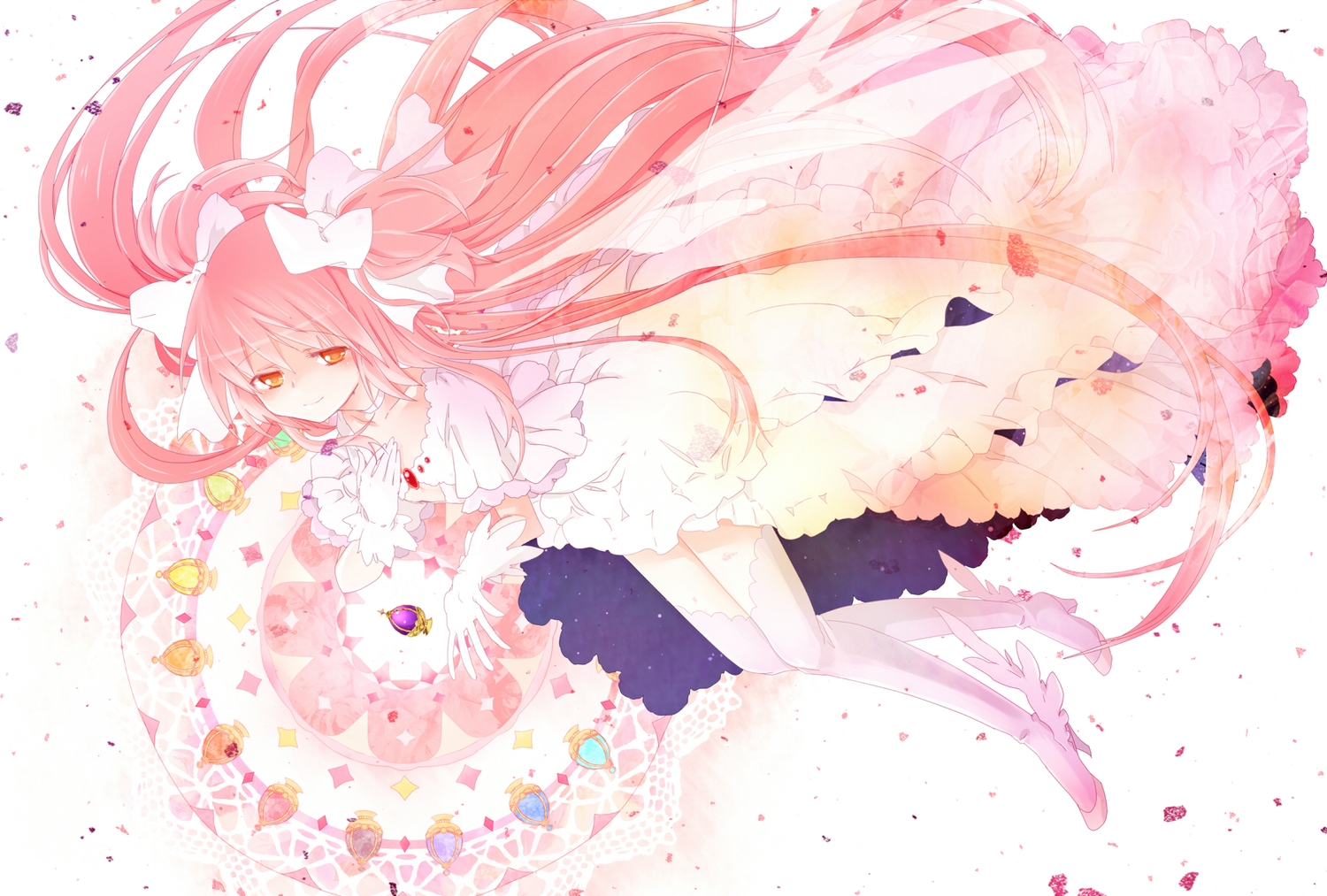 blush, bow, brown_eyes, dress, gloves, hanada_hyou, kaname_madoka, long_hair, mahou_shoujo_madoka_magica, pink_hair, ribbons, thighhighs, ultimate_madoka, wings