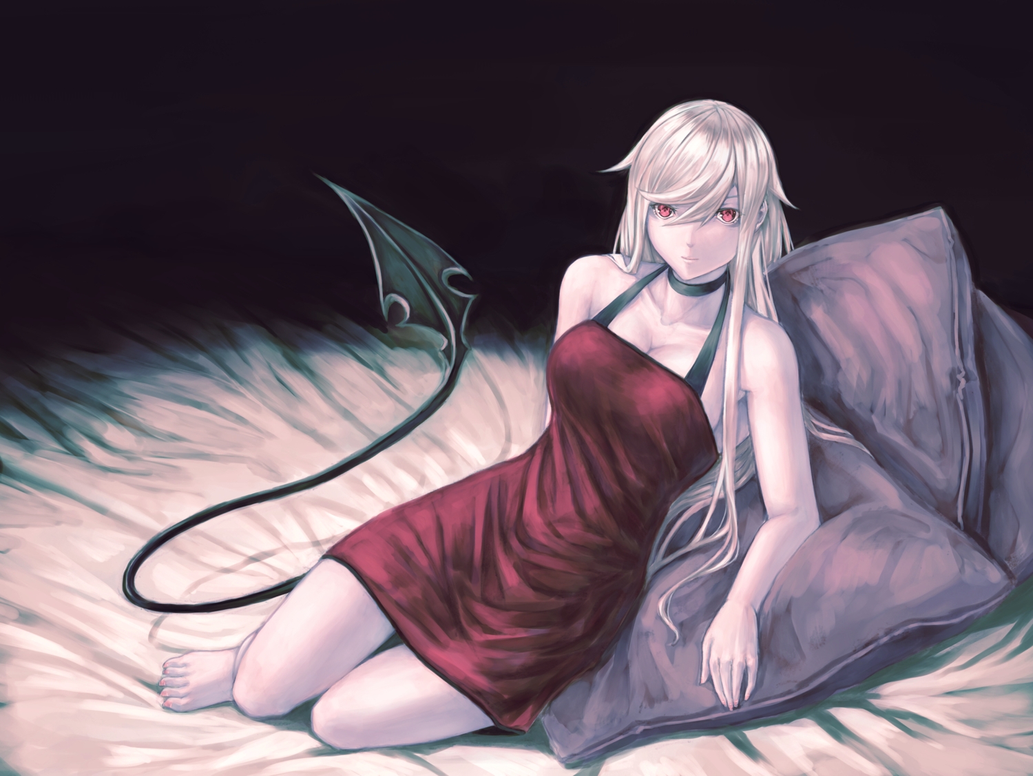 barefoot, bed, choker, dress, long_hair, mstm, original, red_eyes, tail, white_hair