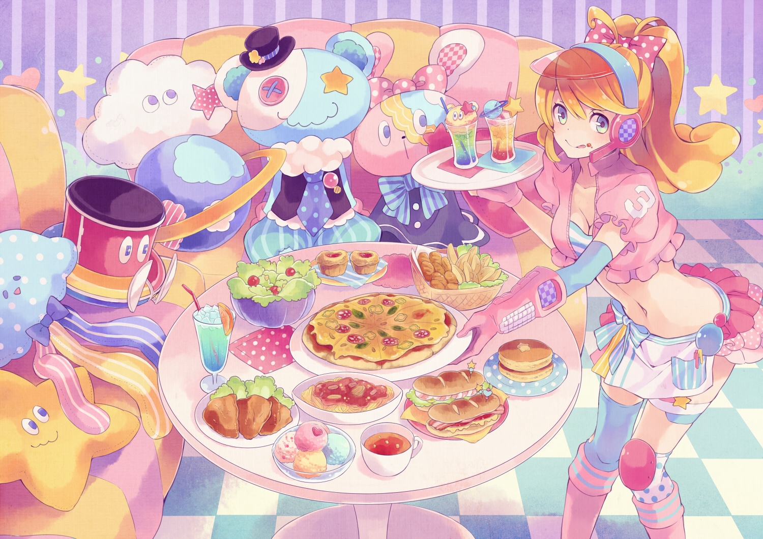 blonde_hair, blue_eyes, bow, breasts, buuta, cleavage, drink, food