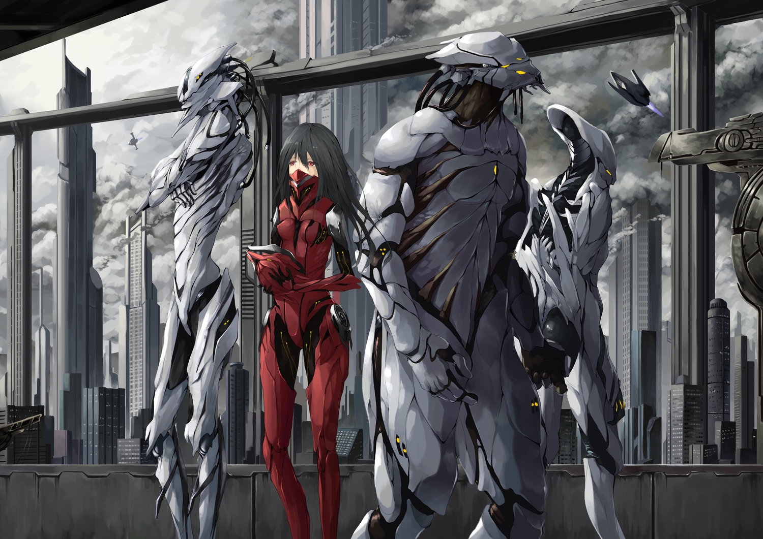 aircraft, black_hair, bodysuit, building, long_hair, mask, original, red_eyes