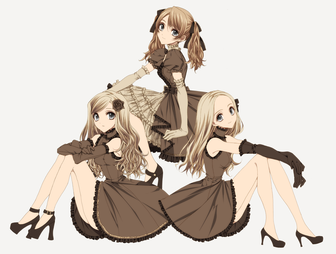 blonde_hair, brown_hair, dress, elbow_gloves, gloves, gray_eyes, long_hair, misteor, original, ribbons