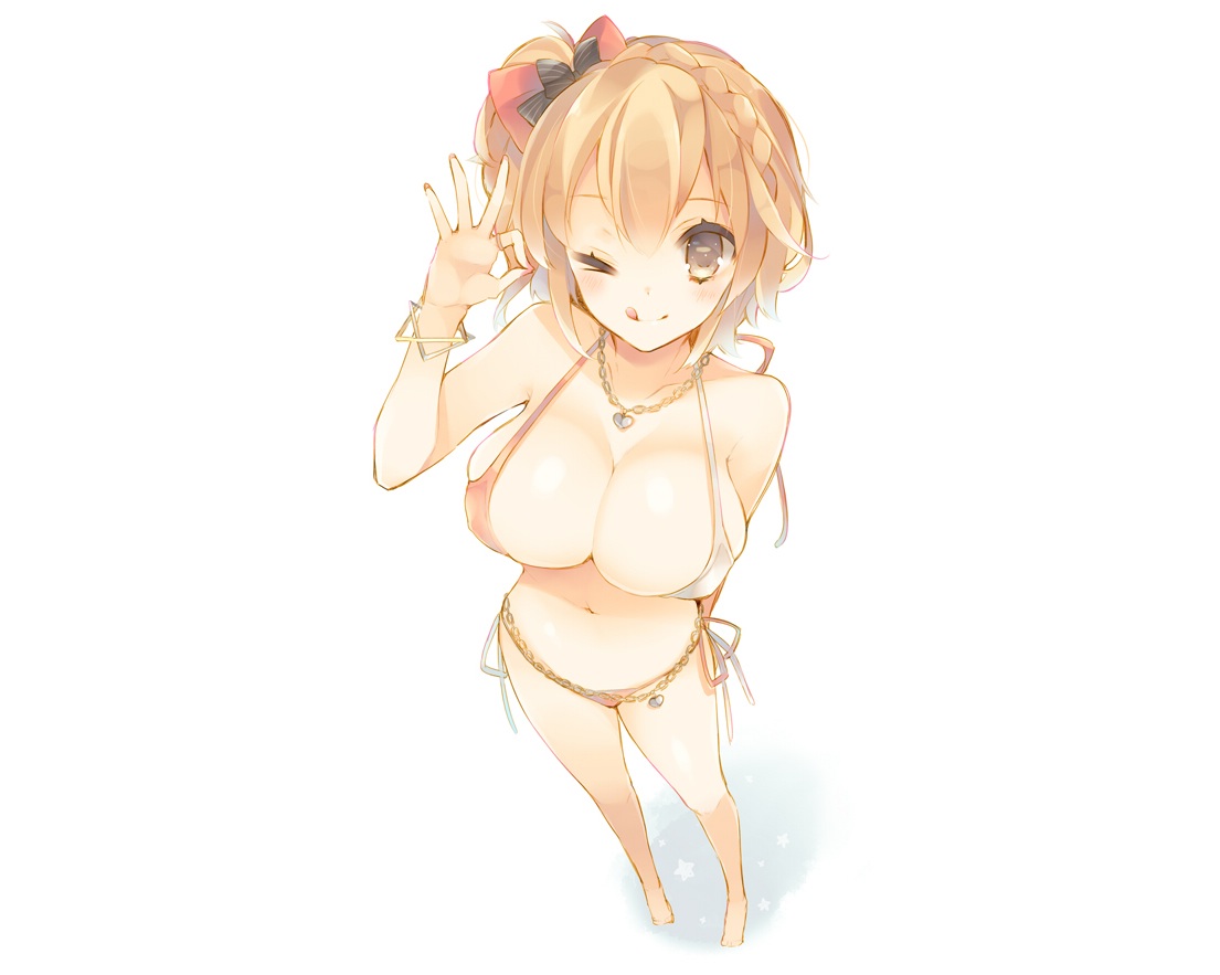 bikini, blush, bow, breasts, brown_eyes, brown_hair, cleavage, enomoto_hina, kagerou_project, kisaragi_momo, swimsuit, white, wink