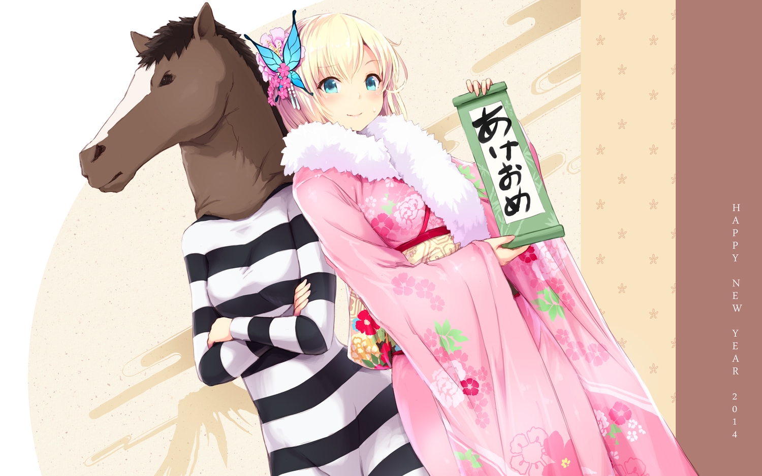 2girls, animal, aqua_eyes, blonde_hair, boku_wa_tomodachi_ga_sukunai, cait, horse, japanese_clothes