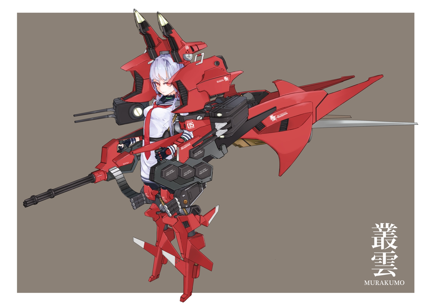 anthropomorphism, gun, kantai_collection, kumonji_aruto, mechagirl, murakumo_(kancolle), purple_hair, red_eyes