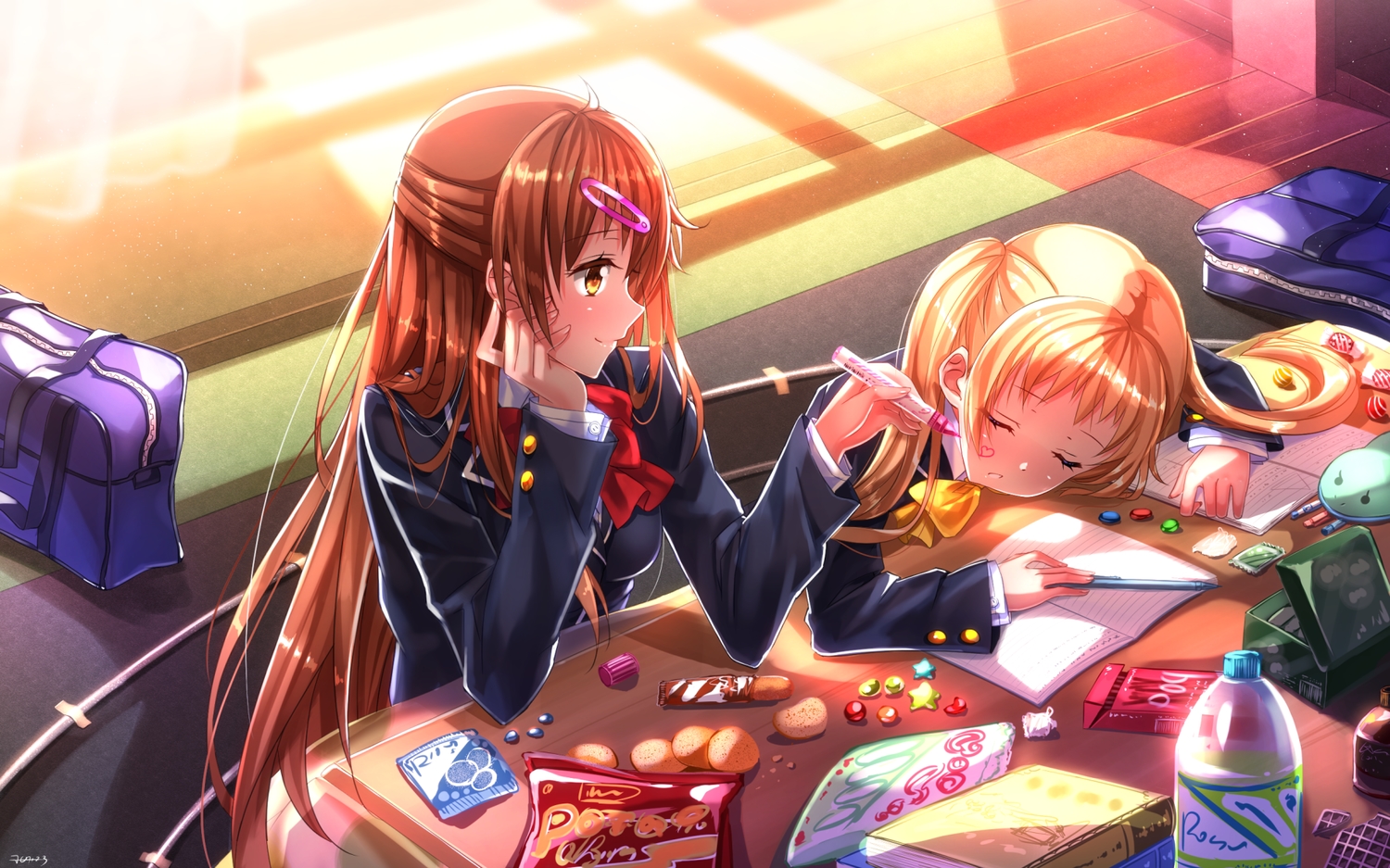 2girls, book, chuunibyou_demo_koi_ga_shitai!, dekomori_sanae, nibutani_shinka, sleeping, swordsouls